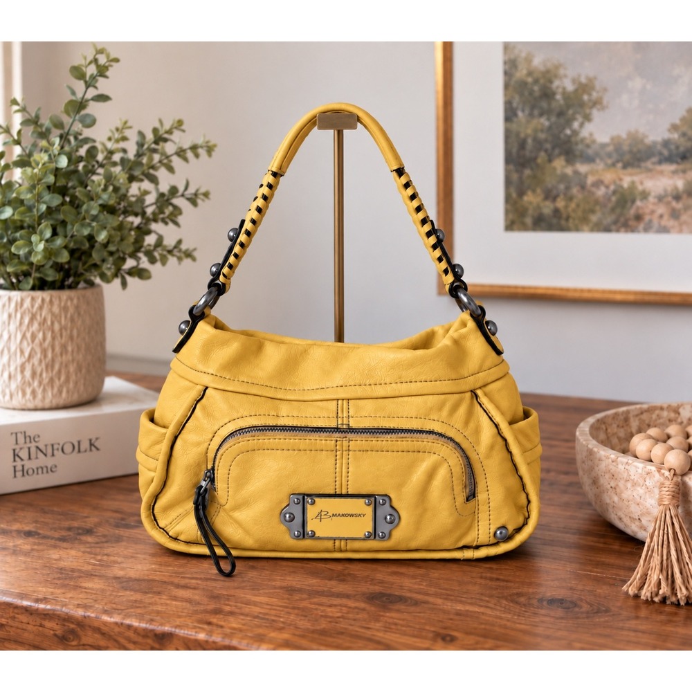 B Makowsky Butter Yellow Leather Hobo Shoulder Bag Whipstitch Leopard Lining Y2K